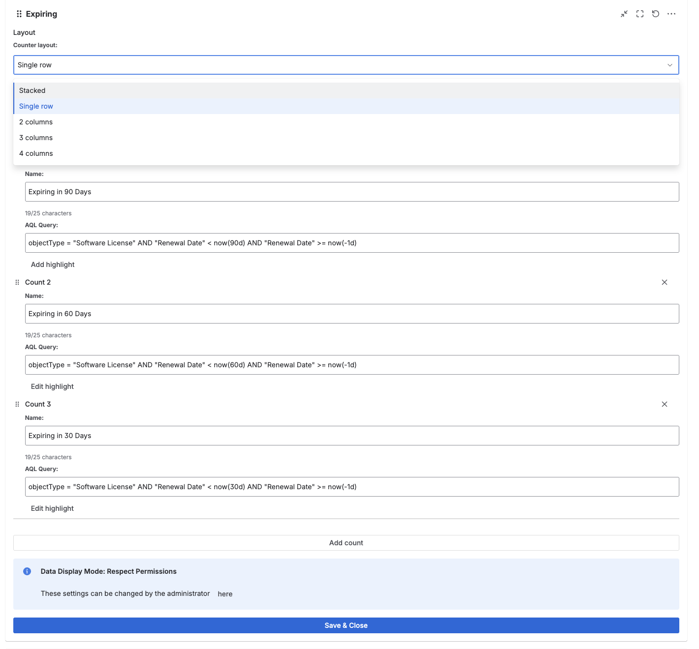 Multi-metric AQL Counter — column layout