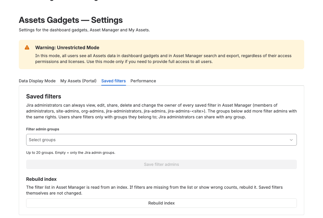 Tab Saved filters mit Filter-Admin-Gruppen und Rebuild index