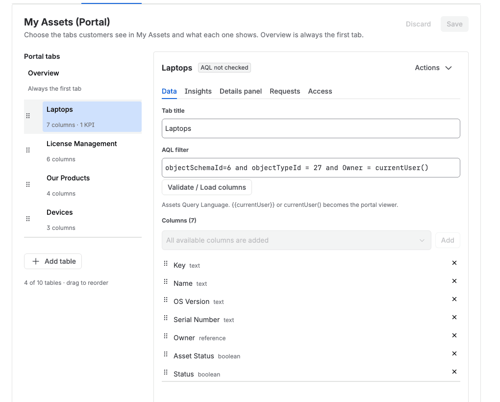 Tabellen-Editor, Untertab Data: Tab-Titel, AQL-Filter mit currentUser() und Spalten