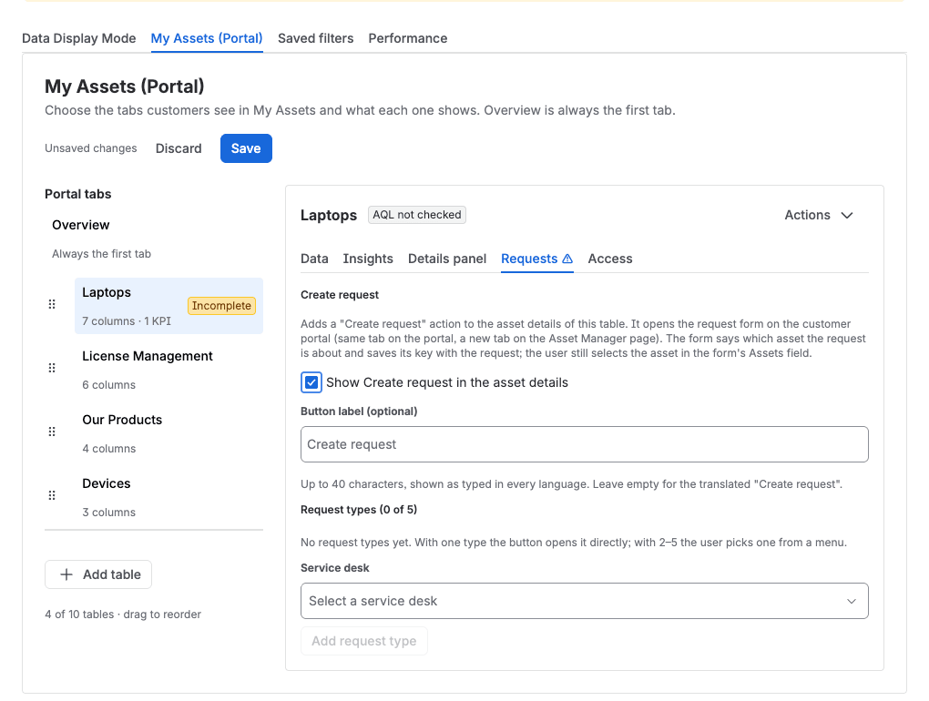 Tabellen-Editor, Untertab Requests: Service Desk und Anfragetypen für Create request