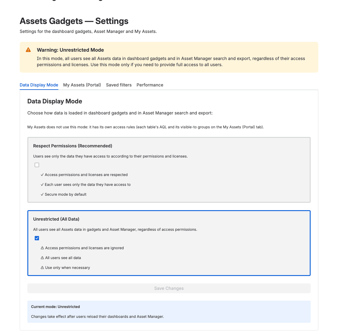 Tab Data Display Mode mit den zwei Modi und der Warnung zum Unrestricted-Modus
