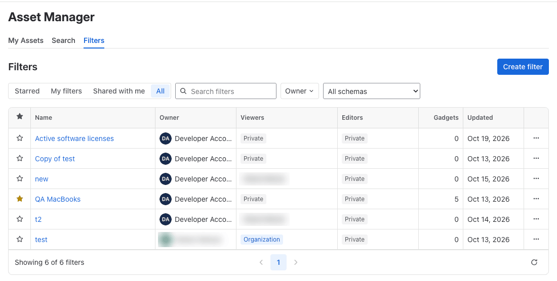 Tab Filters im Asset Manager mit Ownern, Freigaben und Gadget-Zählung