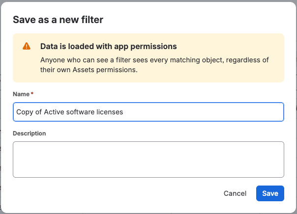 Der Dialog Save as mit Feldern für Name und Beschreibung