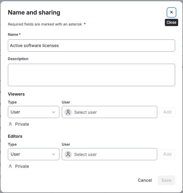 Der Dialog Name and sharing mit Viewers und Editors