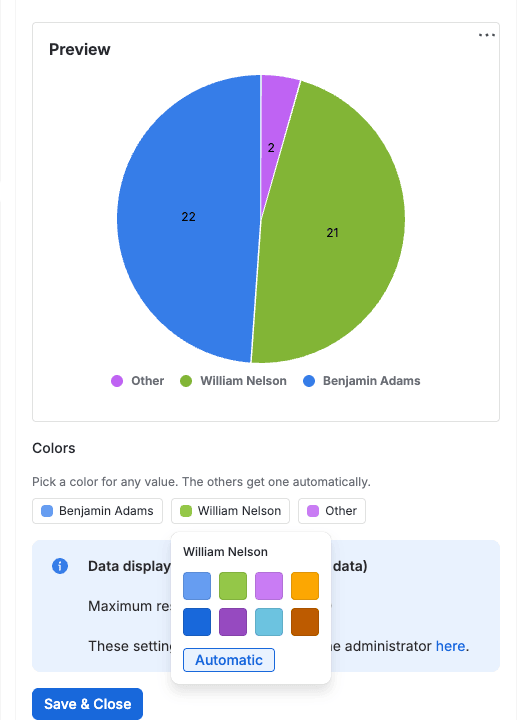 Der Bereich Colors in einer Diagramm-Konfiguration mit Wert-Chips und Farbauswahl