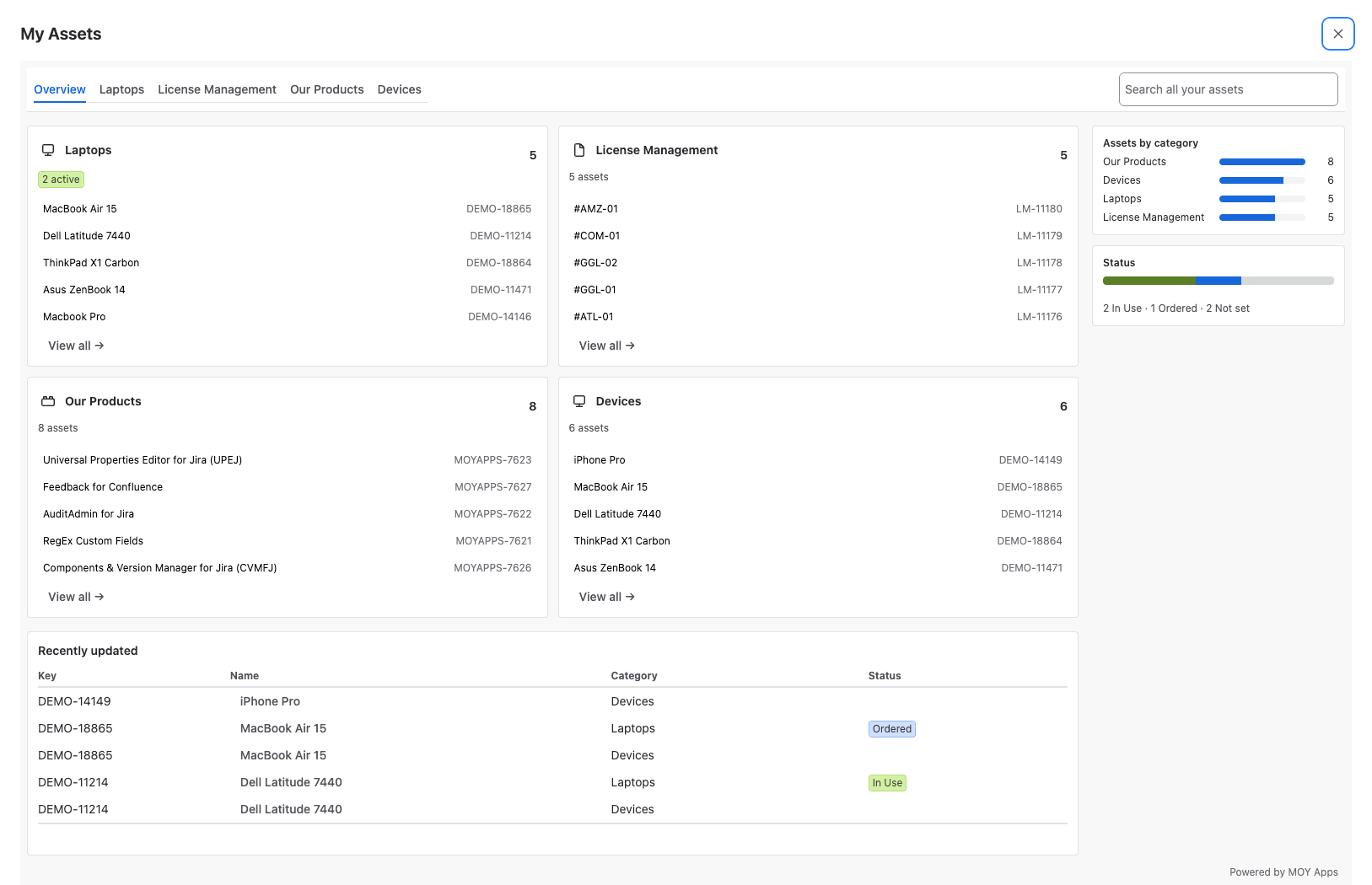 My Assets im Jira-Service-Management-Portal mit Tabellen, Insights und Details