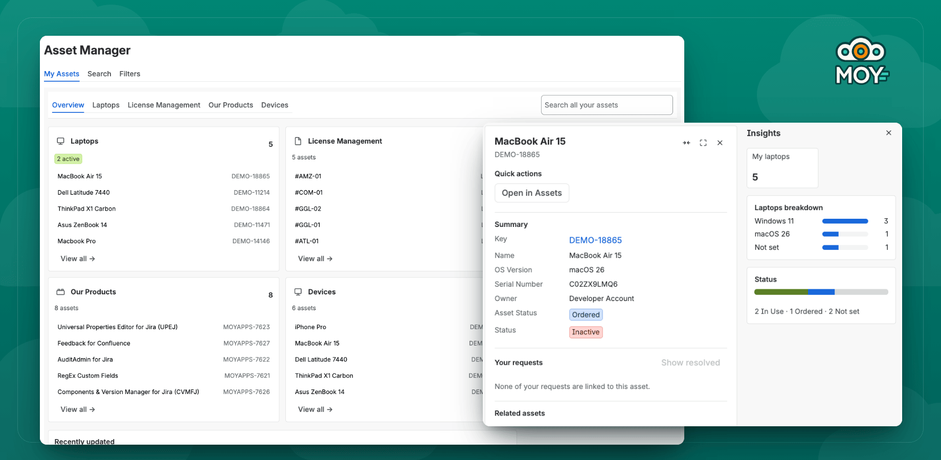 My Assets in Jira: overview cards per asset type, the details of a selected laptop and the Insights panel