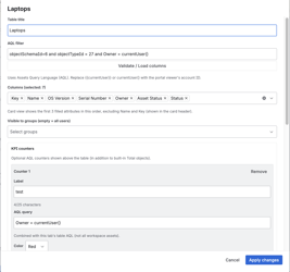 Add / edit table dialog