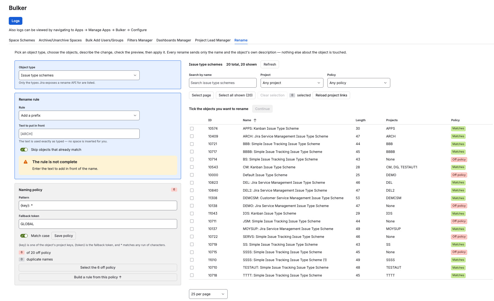 Bulker-Rename-Tab in Jira mit Objekttyp, Umbenennungsregel und Namensregel links und der filterbaren Schemes-Tabelle rechts