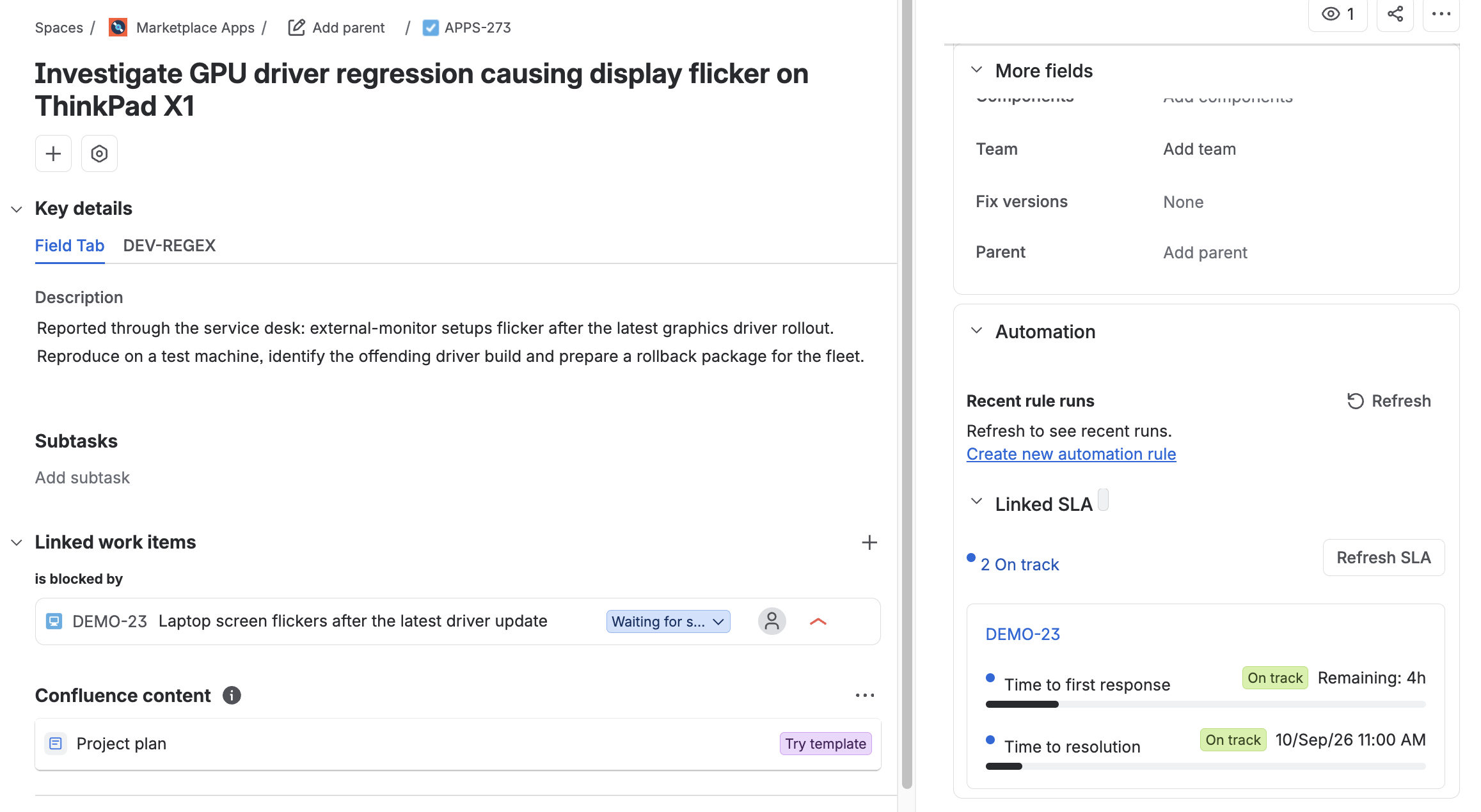 Linked SLA panel showing customer SLA status on a Jira work item