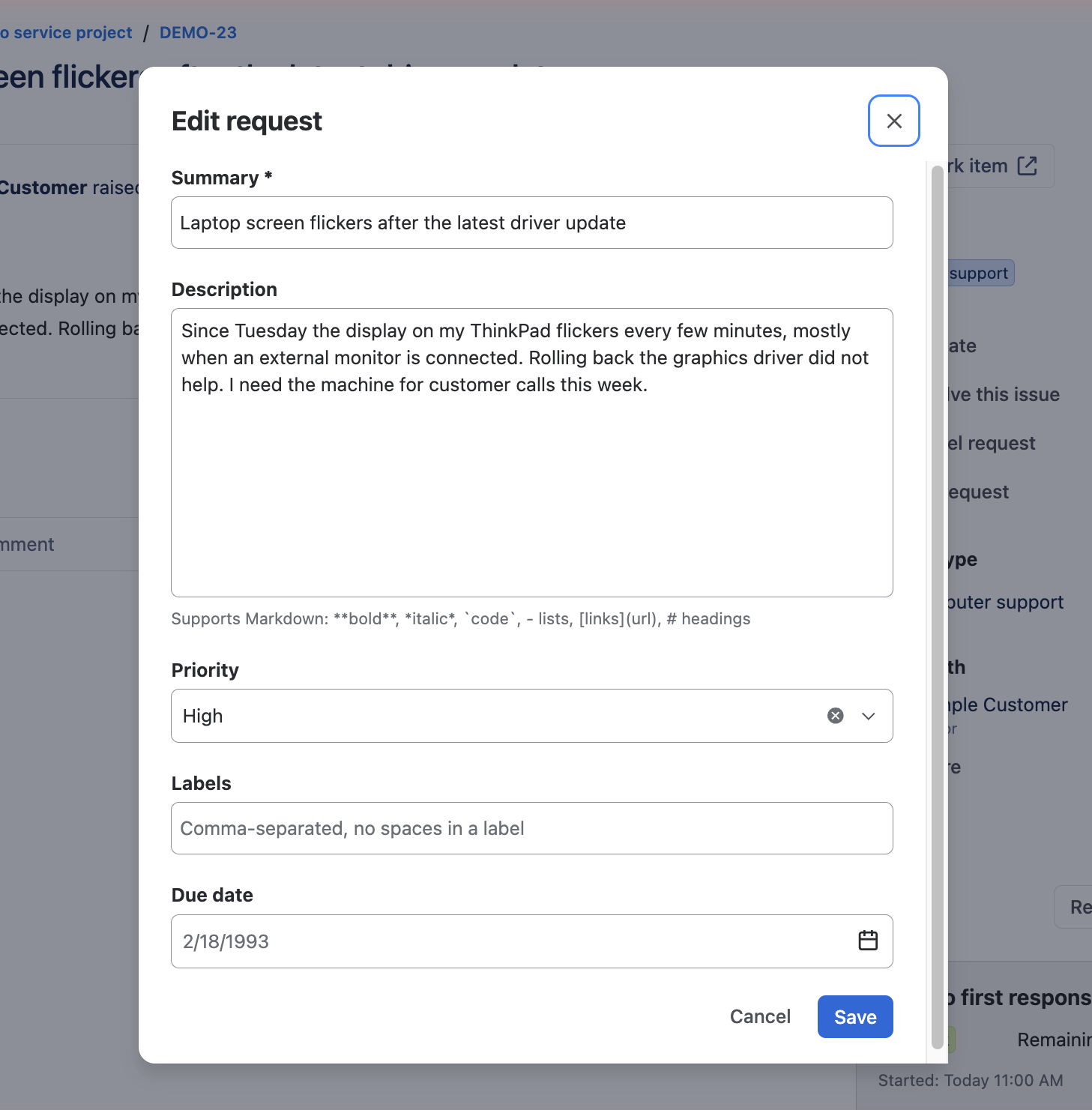 The Edit request action on the portal, showing whitelisted fields
