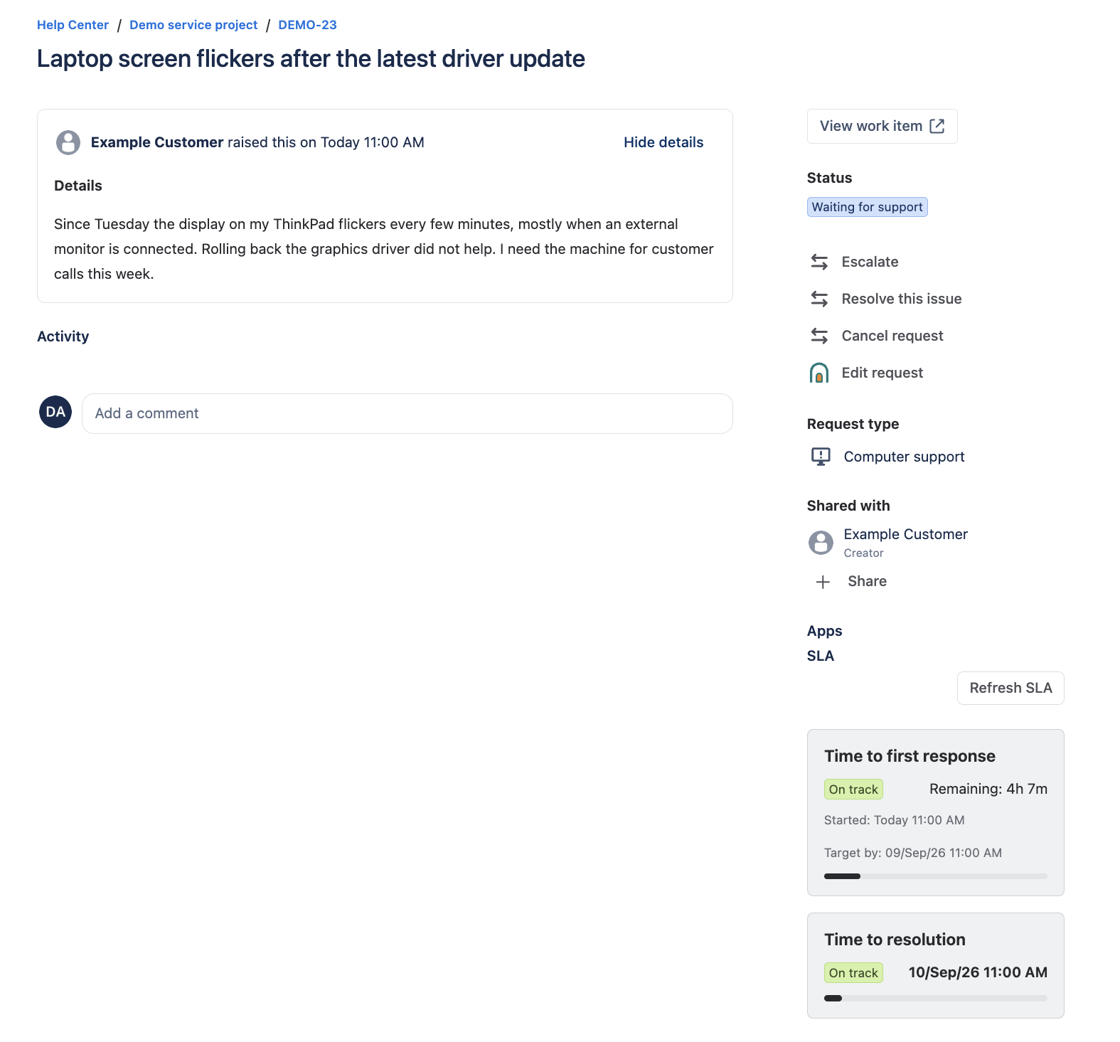 The Public SLA panel on a request in the Jira Service Management customer portal