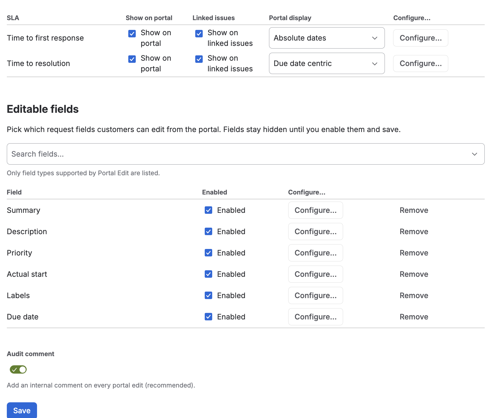 Project settings for Public SLA, with per-SLA portal visibility, display format and the editable-field whitelist