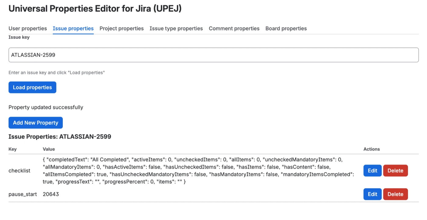 UPEJ Issue properties tab showing the pause_start property on a work item, with edit and delete actions