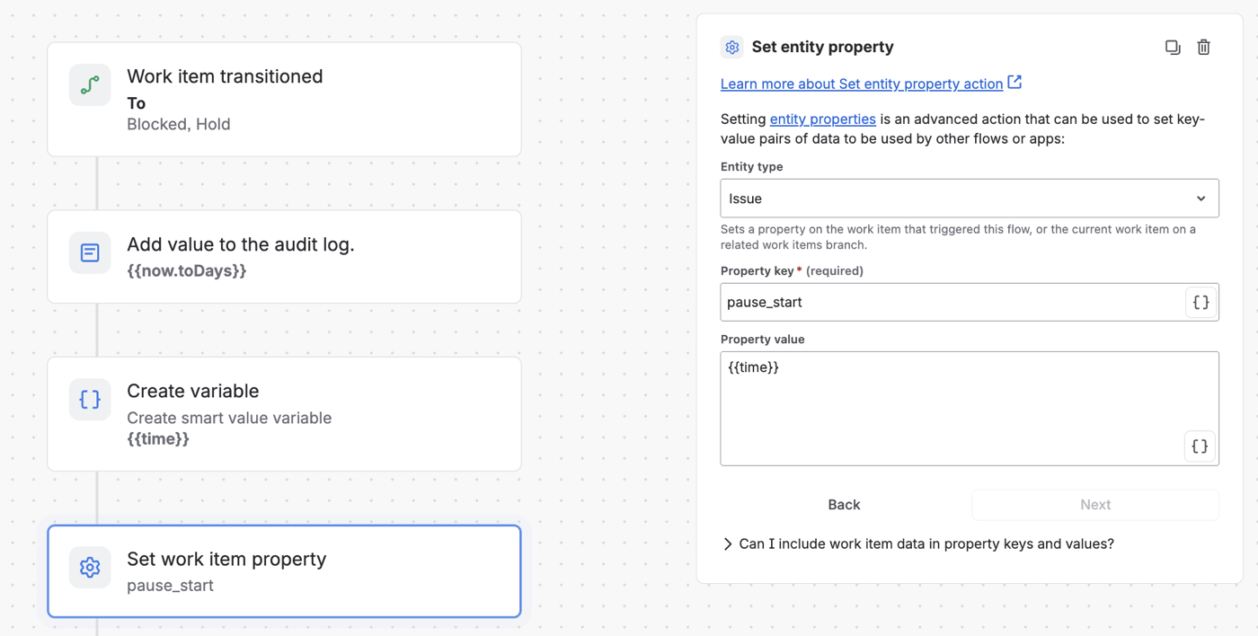 Jira Automation rule setting the pause_start entity property when a work item enters Blocked