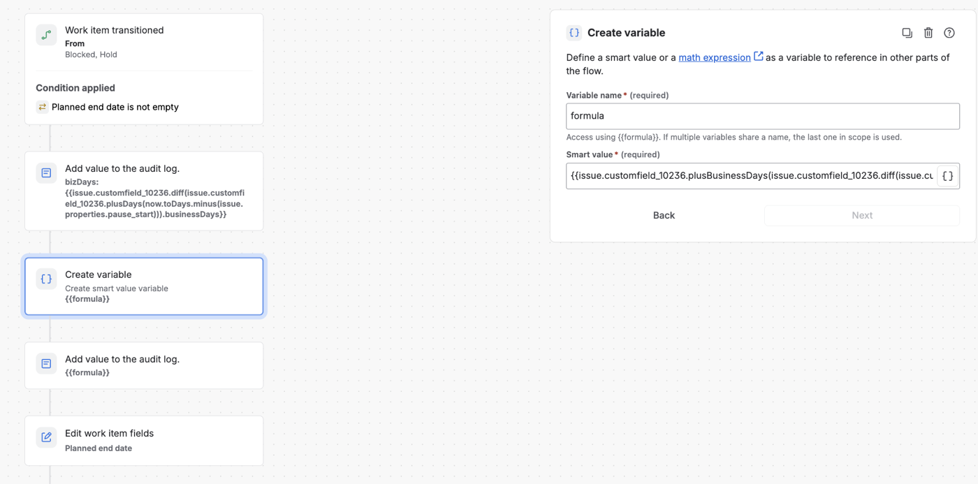 Jira Automation rule computing the business-day shift and editing the Planned end date