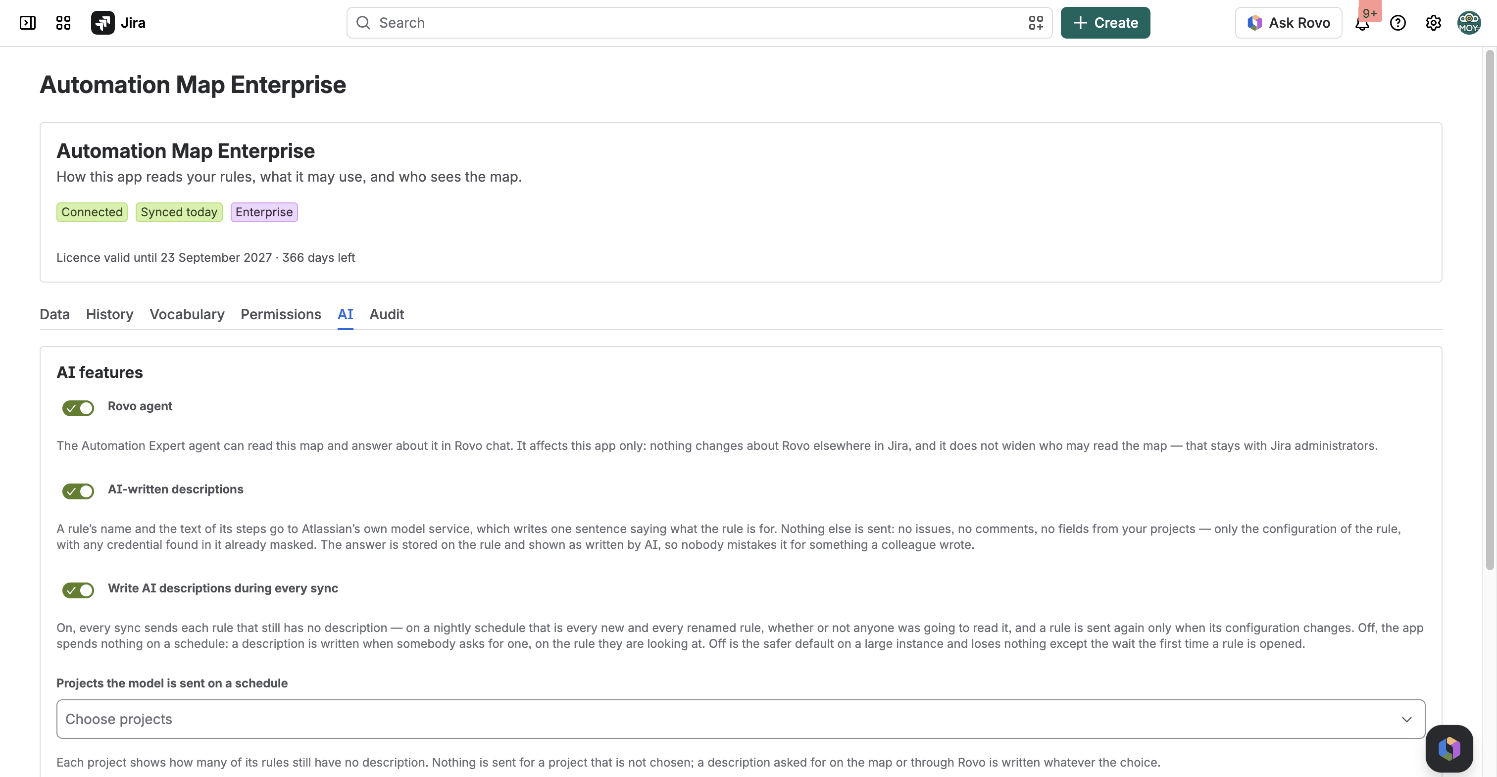 The Automation Map Enterprise settings page in Jira, AI tab: the Rovo agent, AI-written descriptions and descriptions during every sync switched on, each saying what is sent to a model and what is not, and the choice of projects the model is sent on a schedule