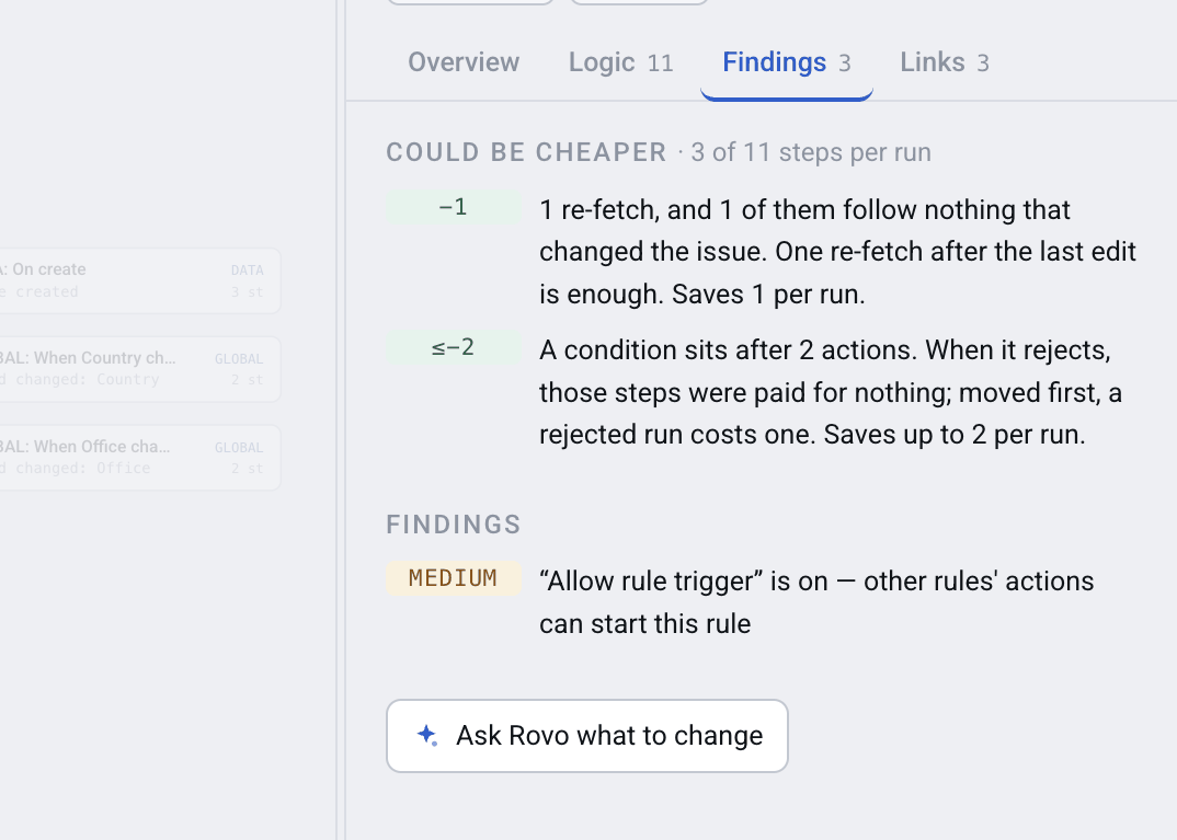 A rule's findings panel in Automation Map listing the steps that could be removed and what each fix saves