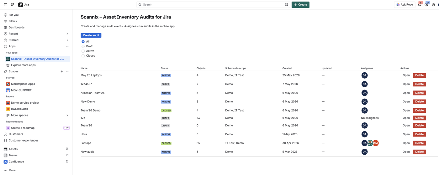Audits list in Jira with statuses and assignees