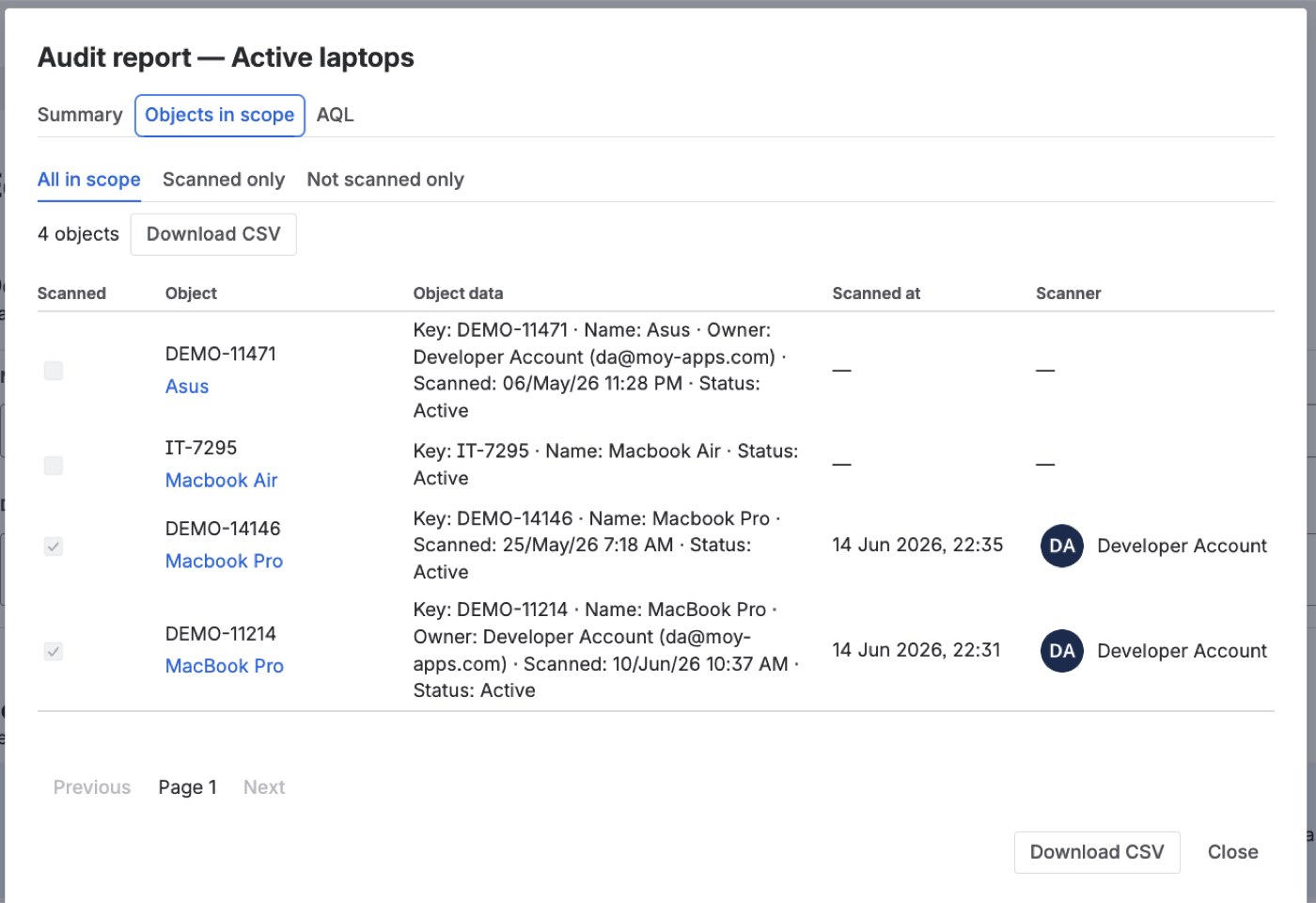 Scannix audit report in Jira showing scanned versus missing assets with per-user timestamps