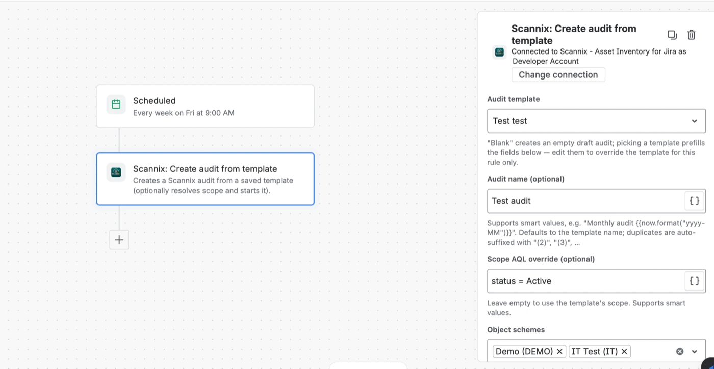Jira Automation rule creating and starting a Scannix audit from a template